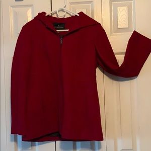 Red hooded coat with side pockets.
